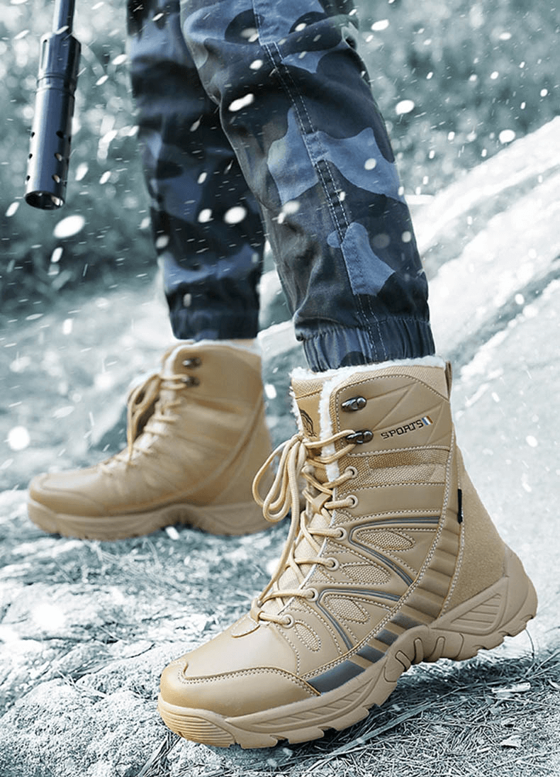 Waterproof leather military snow boots with anti-slip soles and warm plush inside, perfect for cold weather adventures.